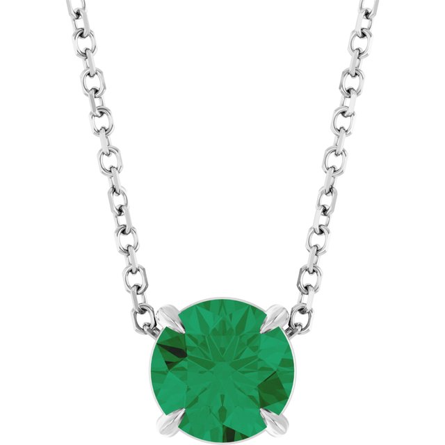 Sterling Silver 6 mm Lab-Grown Emerald 16-18" Necklace