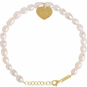 14K Yellow Cultured White Freshwater Pearl & Heart 7-8" Bracelet