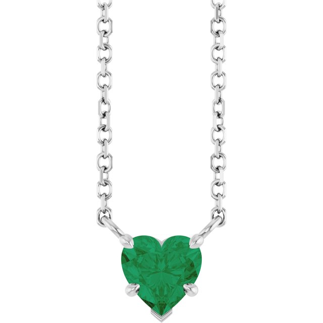 14K White Lab-Grown Emerald Solitaire 18" Necklace