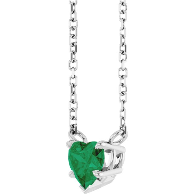 14K White Lab-Grown Emerald Solitaire 18" Necklace