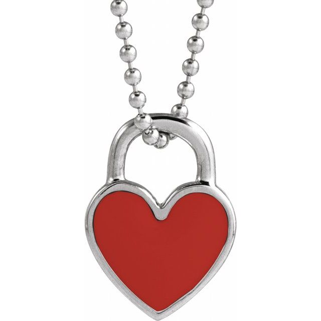 14K White Red Enamel Heart 18" Necklace