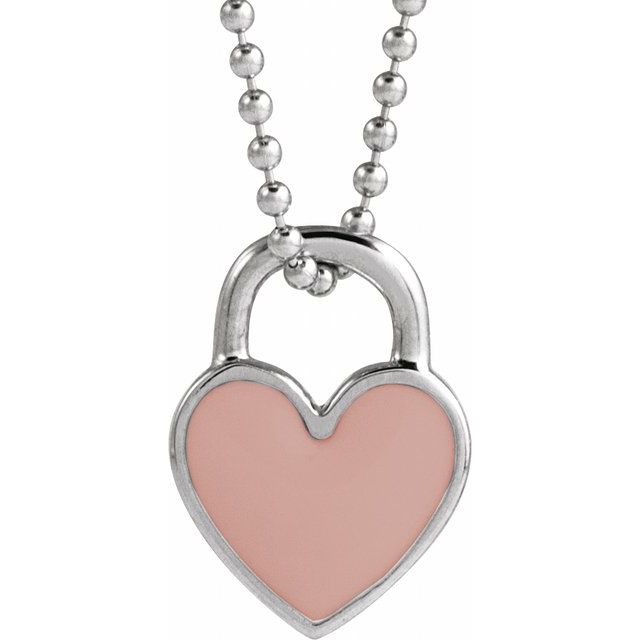 14K White Pink Enamel Heart 18" Necklace