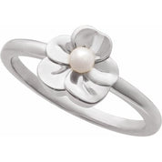 14K White Cultured White Seed Pearl Floral Ring