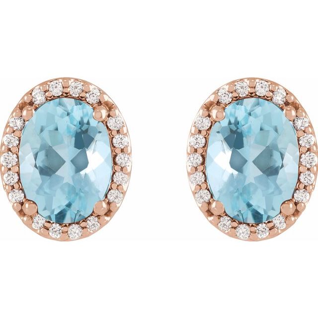 14K Rose 6x4 mm Natural Aquamarine & .06 CTW Natural Diamond Halo-Style Earrings
