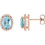 14K Rose 6x4 mm Natural Aquamarine & .06 CTW Natural Diamond Halo-Style Earrings