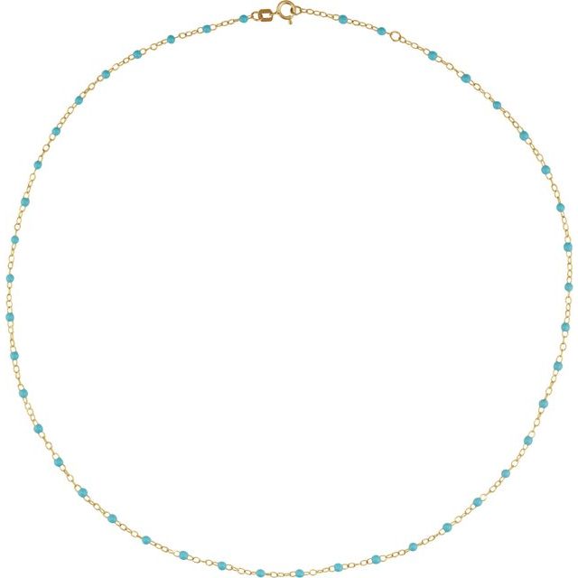 14K Yellow 2 mm Adjustable Turquoise Enamel Bead 19-20" Chain