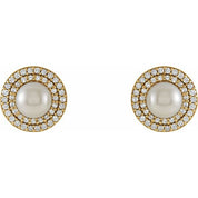 14K Yellow Cultured White Freshwater Pearl  & 1/5 CTW Natural Diamond Earrings