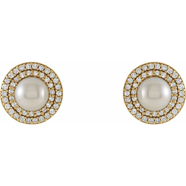 14K Yellow Cultured White Freshwater Pearl  & 1/5 CTW Natural Diamond Earrings