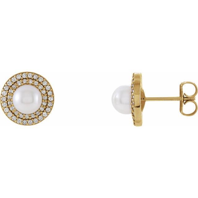 14K Yellow Cultured White Freshwater Pearl  & 1/5 CTW Natural Diamond Earrings