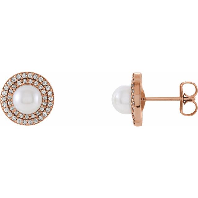 14K Rose Cultured White Freshwater Pearl  & 1/5 CTW Natural Diamond Earrings