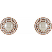 14K Rose Cultured White Freshwater Pearl  & 1/5 CTW Natural Diamond Earrings