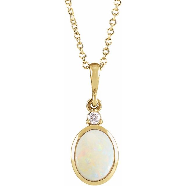 14K Yellow 12x10 mm Natural White Opal & .03 CT Natural Diamond 16-18" Necklace
