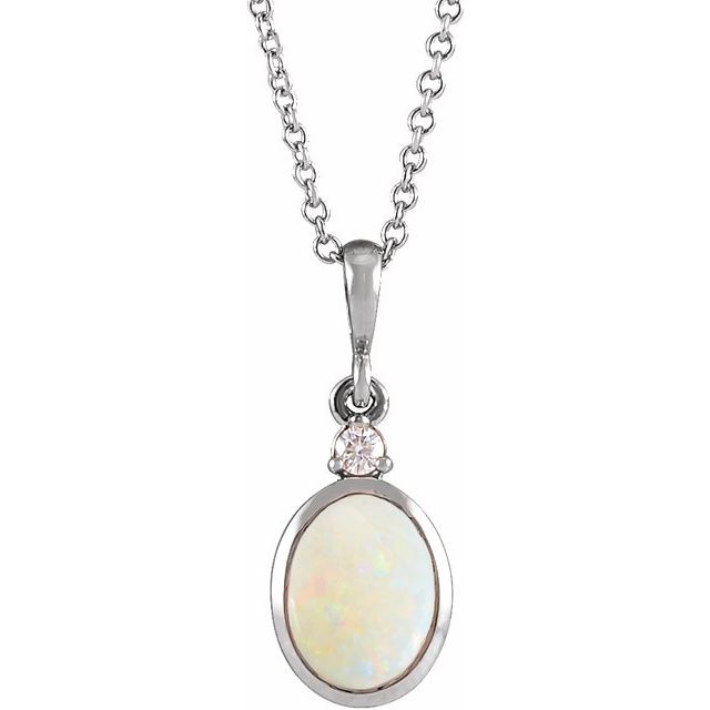 Sterling Silver 5x3 mm Natural White Opal & .03 CT Natural Diamond 16-18" Necklace