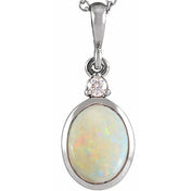 14K White 9x7 mm Natural White Opal & .03 CT Natural Diamond Cabochon Pendant