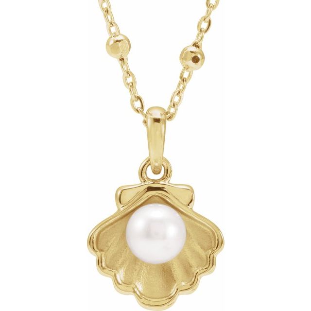 14K Yellow Cultured White Freshwater Pearl Shell 18" Necklace