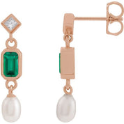 14K Rose Lab-Grown Emerald, Cultured White Akoya Pearl & .05 CTW Natural Diamond Earrings