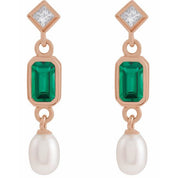 14K Rose Lab-Grown Emerald, Cultured White Akoya Pearl & .05 CTW Natural Diamond Earrings