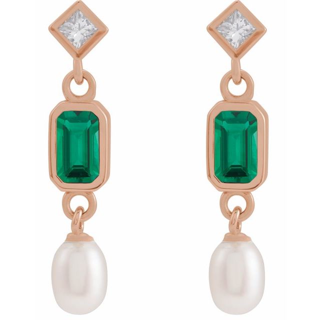 14K Rose Lab-Grown Emerald, Cultured White Akoya Pearl & .05 CTW Natural Diamond Earrings