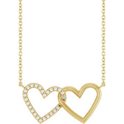 14K Natural Diamond Petite Double Interlocking Heart Necklace 1/8 CTW 16-18"