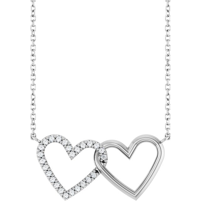 14K Natural Diamond Petite Double Interlocking Heart Necklace 1/8 CTW 16-18"