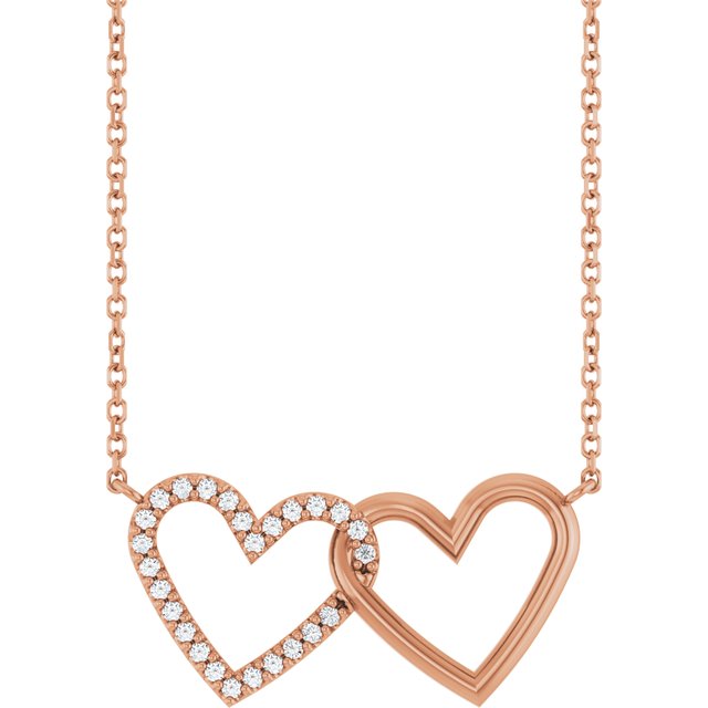 14K Natural Diamond Petite Double Interlocking Heart Necklace 1/8 CTW 16-18"
