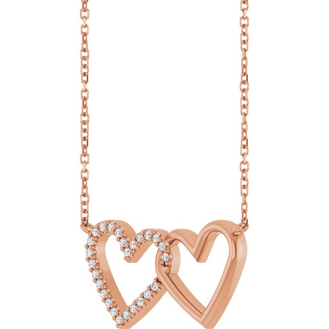 14K Natural Diamond Petite Double Interlocking Heart Necklace 1/8 CTW 16-18"
