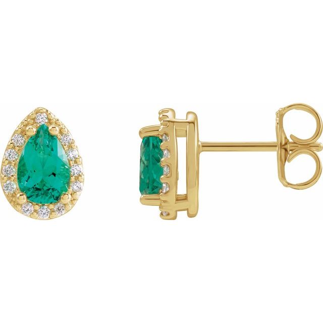 14K Yellow Lab-Grown Emerald & .05 CTW Natural Diamond Halo-Style Earrings