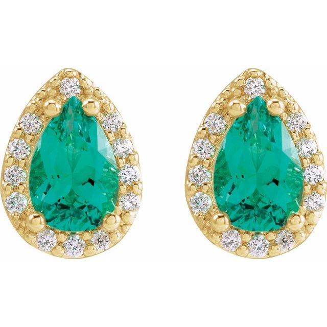 14K Yellow Lab-Grown Emerald & .05 CTW Natural Diamond Halo-Style Earrings