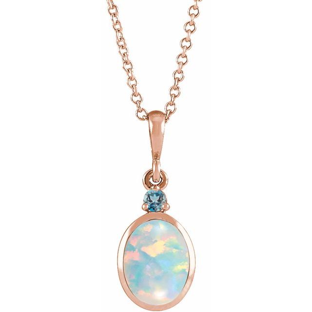 14K Rose 8x6 mm Lab-Grown White Opal & Natural London Blue Topaz 16-18" Necklace