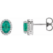 14K White 5x3 mm Lab-Grown Emerald & .04 CTW Natural Diamond Halo-Style Earrings