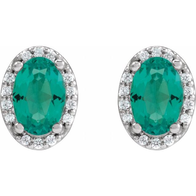 14K White 5x3 mm Lab-Grown Emerald & .04 CTW Natural Diamond Halo-Style Earrings