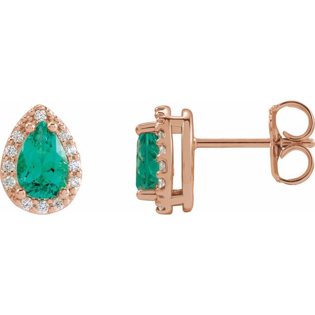 14K Rose Lab-Grown Emerald & .05 CTW Natural Diamond Halo-Style Earrings