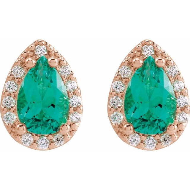 14K Rose Lab-Grown Emerald & .05 CTW Natural Diamond Halo-Style Earrings