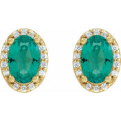 14K Yellow 6x4 mm Lab-Grown Emerald & .06 CTW Natural Diamond Halo-Style Earrings