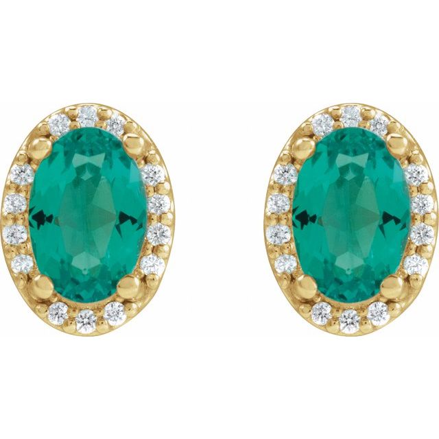 14K Yellow 6x4 mm Lab-Grown Emerald & .06 CTW Natural Diamond Halo-Style Earrings