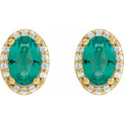 14K Yellow 5x3 mm Lab-Grown Emerald & .04 CTW Natural Diamond Halo-Style Earrings