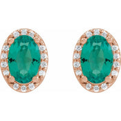 14K Rose 6x4 mm Lab-Grown Emerald & .06 CTW Natural Diamond Halo-Style Earrings
