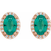 14K Rose 6x4 mm Lab-Grown Emerald & .06 CTW Natural Diamond Halo-Style Earrings