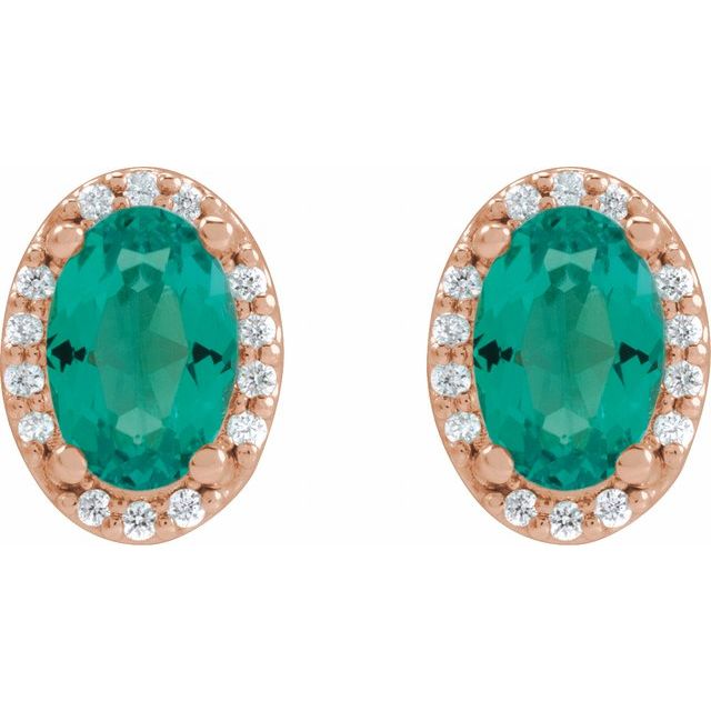 14K Rose 6x4 mm Lab-Grown Emerald & .06 CTW Natural Diamond Halo-Style Earrings