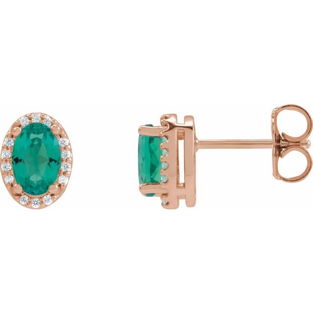 14K Rose 6x4 mm Lab-Grown Emerald & .06 CTW Natural Diamond Halo-Style Earrings