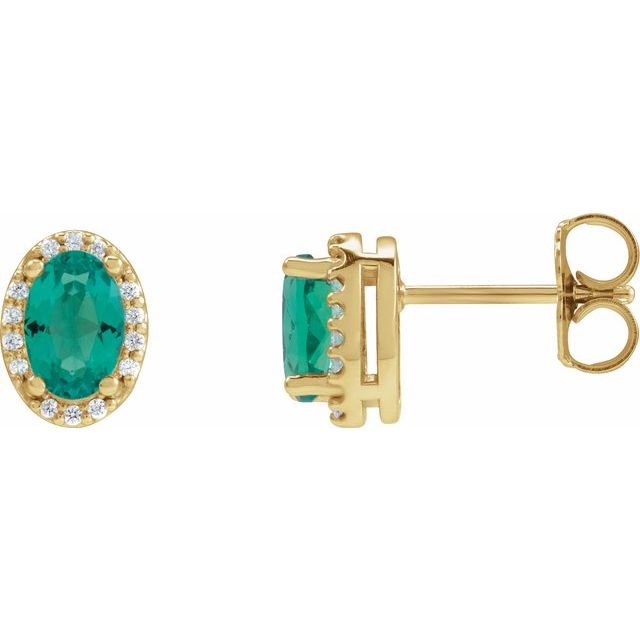 14K Yellow 6x4 mm Lab-Grown Emerald & .06 CTW Natural Diamond Halo-Style Earrings