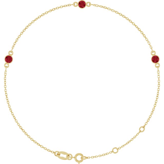 14K Yellow Lab-Grown Ruby Bezel-Set Three-Stone 6 1/2-7 1/2" Bracelet