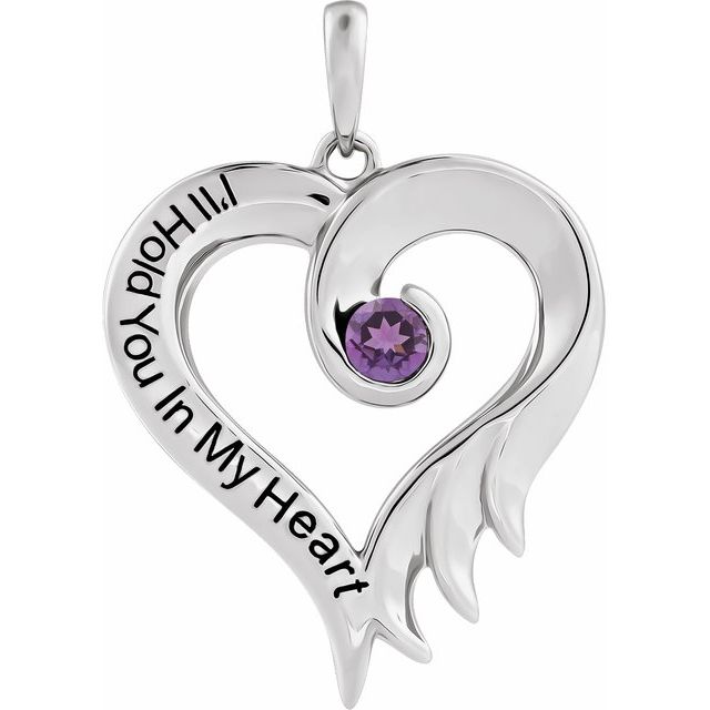 14K White Natural Amethyst & Engraved I'll Hold You In My Heart Pendant