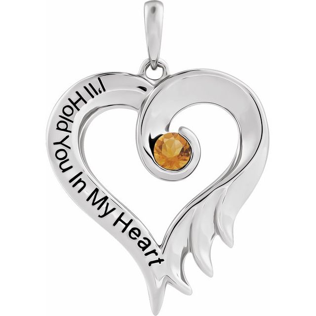14K White Natural Citrine & Engraved I'll Hold You In My Heart Pendant