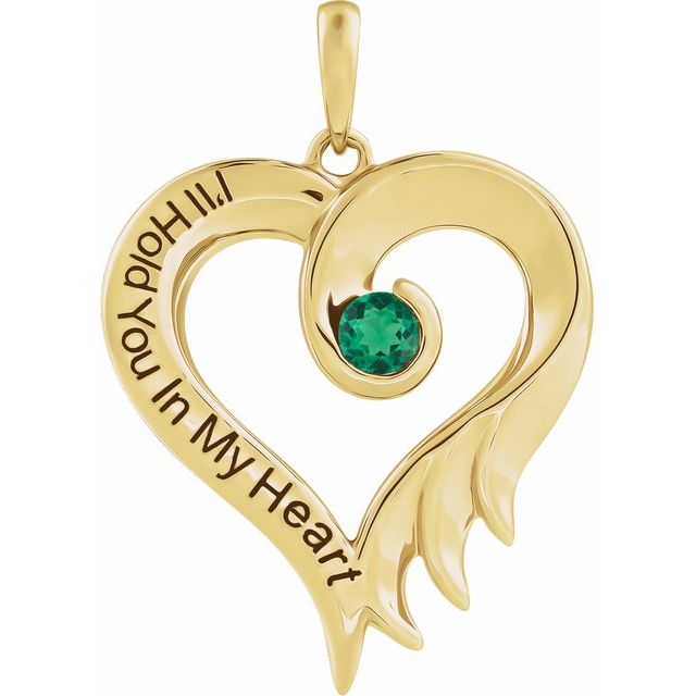 14K Yellow Lab-Grown Emerald & Engraved I'll Hold You In My Heart Pendant