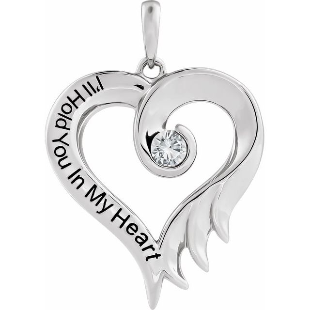 Sterling Silver Lab-Grown White Sapphire & Engraved I'll Hold You In My Heart Pendant