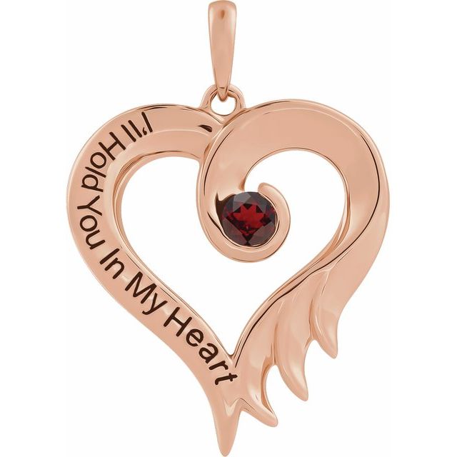 14K Rose Natural Mozambique Garnet & Engraved I'll Hold You In My Heart Pendant