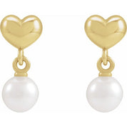 14K Yellow Cultured White Freshwater Pearl & Heart Dangle Earrings