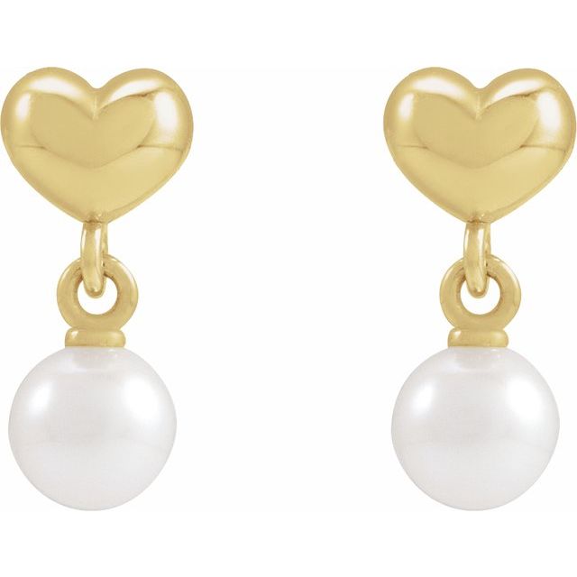 14K Yellow Cultured White Freshwater Pearl & Heart Dangle Earrings