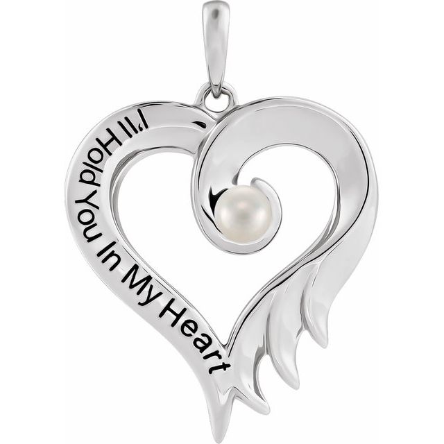 Sterling Silver Cultured White Freshwater Pearl & Engraved I'll Hold You In My Heart Pendant